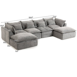 English Elm 129.8" Wide Modular Cloud Sectional Cotton Linen Sofa with Deep Foam Seats and Ottomans Antique Grey W2530S00015