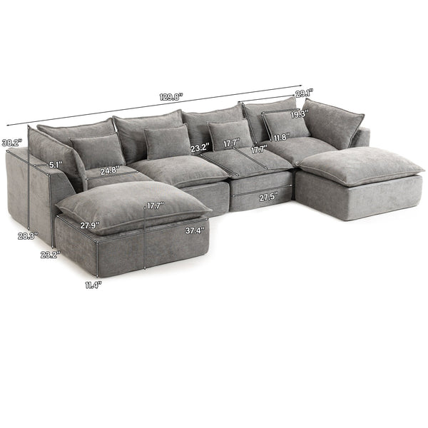 English Elm 129.8" Wide Modular Cloud Sectional Cotton Linen Sofa with Deep Foam Seats and Ottomans Antique Grey W2530S00015