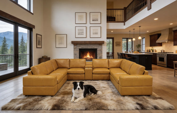 English Elm Premium Leather Match Sectional with Dual Recliners Console and Cup Holders Included Ginger B2748S00155