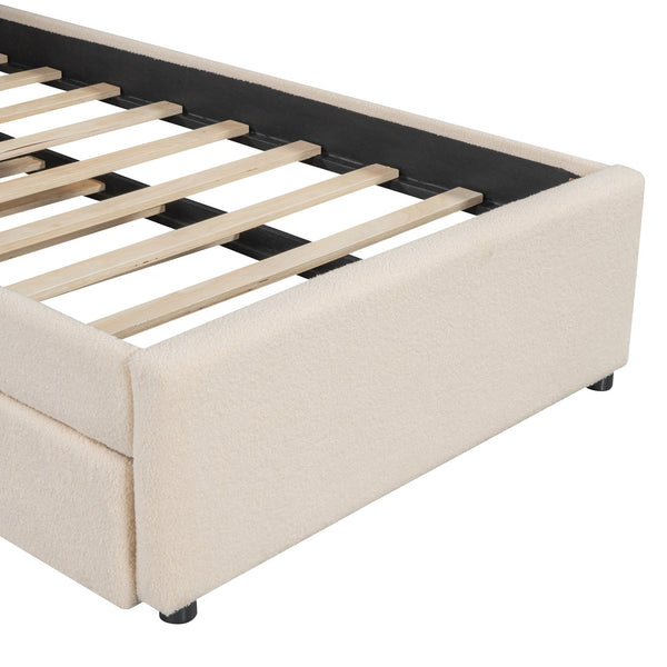 English Elm Teddy Twin Upholstered Platform Bed with Trundle, LED Smart Lighting, Plush Fleece, Sturdy Design Beige SF000055AAA