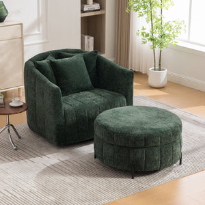 English Elm 39"w Swivel Barrel Club Chair with Channel Tufted Chenille and Round Storage Ottoman Set Green W3118S00049