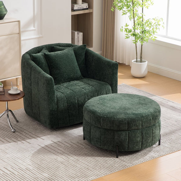 English Elm 39"w Swivel Barrel Club Chair with Channel Tufted Chenille and Round Storage Ottoman Set Green W3118S00049