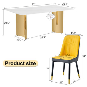 English Elm Table 9-Piece Dining Set With Glass Top, Gold Stainless Steel Legs & Orange/Dark Gray Chairs For Elegance W1151S04360-GIGA