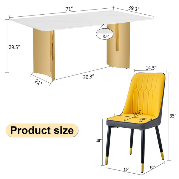 English Elm Table 9-Piece Dining Set With Glass Top, Gold Stainless Steel Legs & Orange/Dark Gray Chairs For Elegance W1151S04360-GIGA