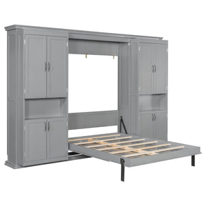 English Elm Full-size Murphy Wall Bed with Sliding Cabinets and Twelve Open Shelves for Studios Gray LP000919AAE