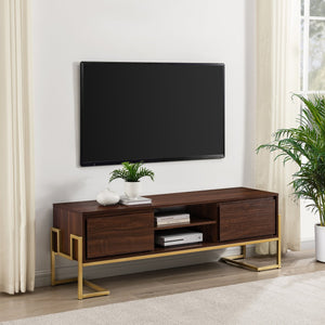 English Elm Walker Edison - Modern Glam 2-Drawer TV Stand Dark Walnut for TVs up to 65" — Gold Base, Cord Management, Adjustable Storage B185P169246