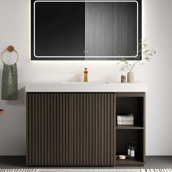 English Elm Grace Floating Walnut Vanity with Solid Surface Sink and Soft Close Storage Drawers Oak,Smoke W1865S00223