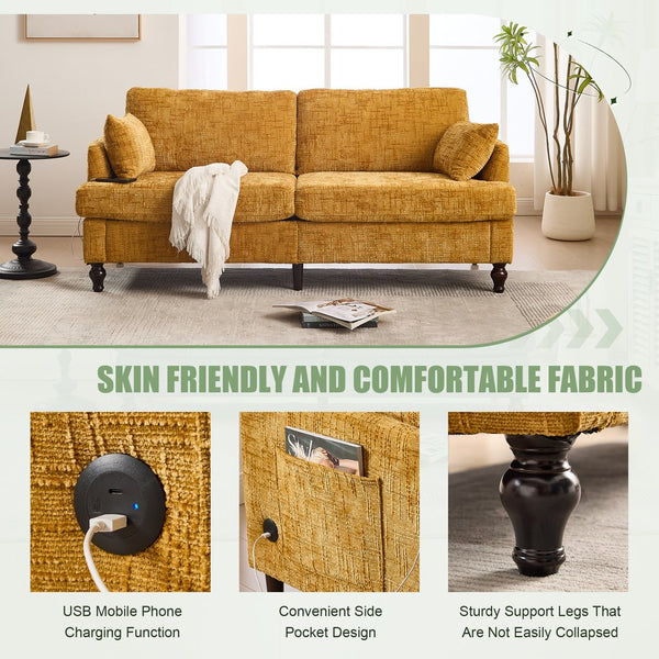 English Elm Modern chenille 2-seater sofa with LED, USB charging, storage pocket, solid wood legs, durable comfort Mustard yellow W395P318542