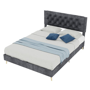 English Elm Suede Tufted Platform Bed Full Size Upholstered Headboard for Restful Bedroom Retreat Grey W1935P360997