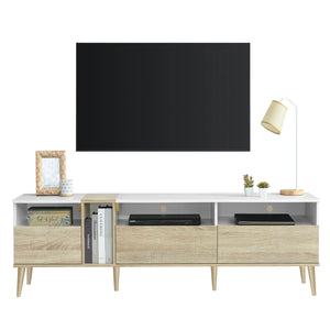 English Elm Modern TV Stand with 3 Drawers & 4 Open Shelves, 80" Media Console White+Wood, Cable Management, P2 Board N710P234108K