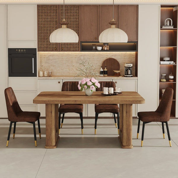 English Elm Table Set: Stylish 64.5" Wood-Textured Dining Table With 4 Brown Techno-Fabric Chairs For Modern Homes W1151S03576-GIGA