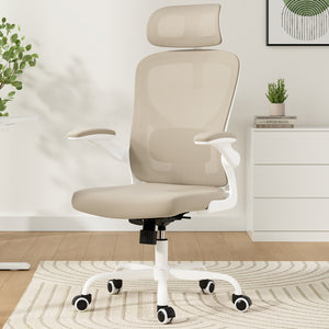English Elm Ergonomic Office chair with adjustable headrest and lumbar support, breathable mesh, space-saving design khaki,White T3623P368566