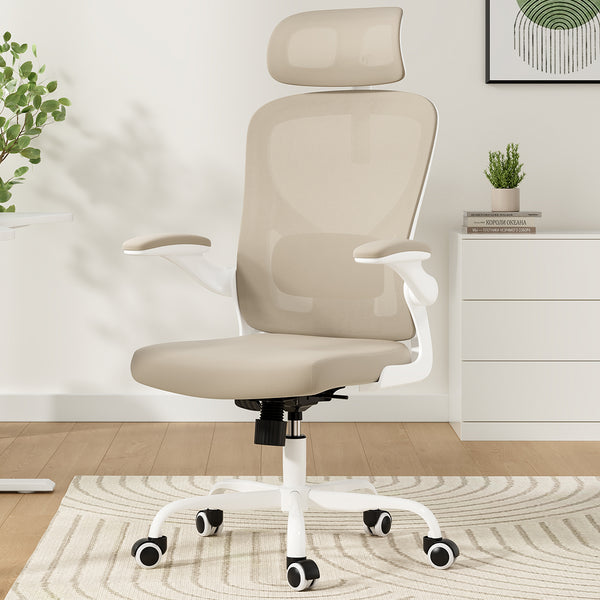 English Elm Ergonomic Office chair with adjustable headrest and lumbar support, breathable mesh, space-saving design khaki,White T3623P368566