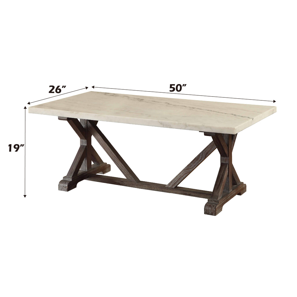 English Elm Romina White Marble Coffee Table with Weathered Espresso X-Base — Elegant Rectangular Centerpiece B2726P254734