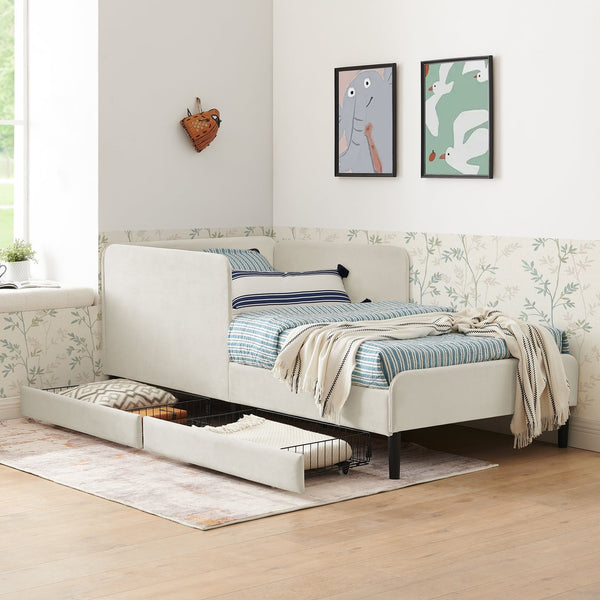 English Elm Twin Velvet Upholstered Platform Bed with 2 Underbed Storage Drawers, Convertible Sofa, Beige Twin W1413P298909