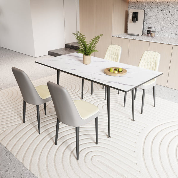 English Elm 47"-63" Extendable Mdf Dining Table Set with Pu Cushioned Chairs and Black Metal Legs W2189S00923
