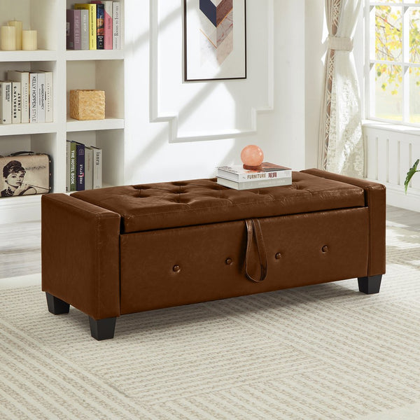 English Elm 48" Storage Ottoman Bench with Tufted Faux Leather Upholstery, Solid Wood Frame & 300lb Capacity Brown W1097P338778