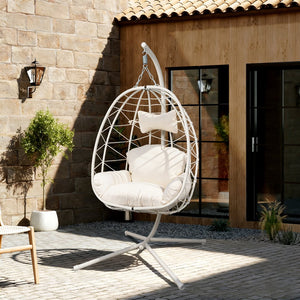 English Elm Hanging Egg Chair with Stand Pe Wicker Ergonomic Swing Seat for Patio or Bedroom T5880P497557