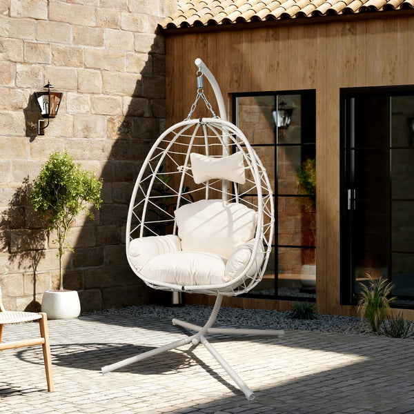 English Elm Hanging Egg Chair with Stand Pe Wicker Ergonomic Swing Seat for Patio or Bedroom T5880P497557