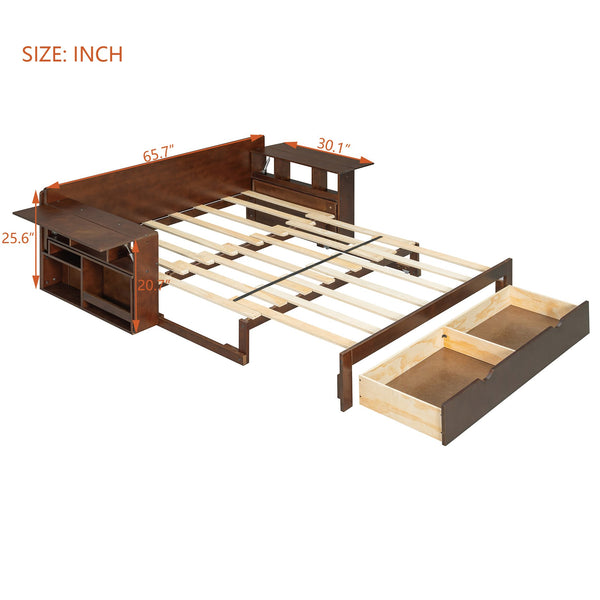 English Elm Full Size Daybed with Hydraulic Desk Armrests Storage Drawer and Sofa Seating Espresso LT000271AAP