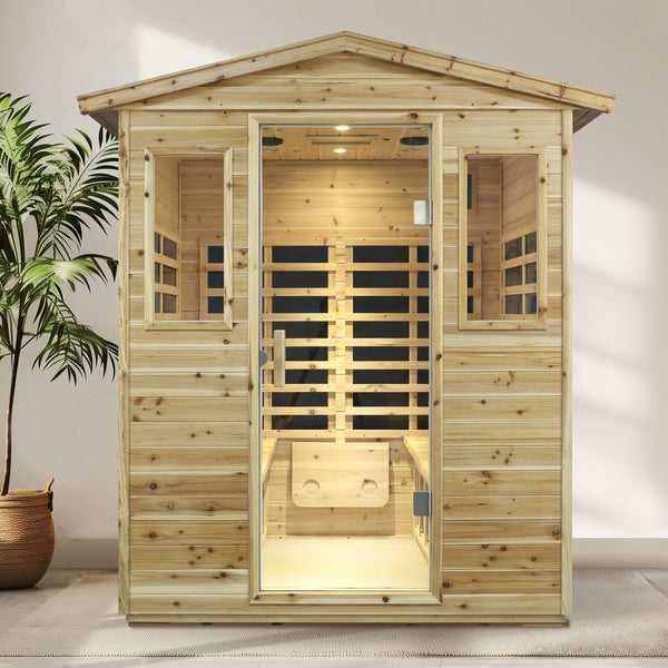 English Elm Four Person Outdoor Infrared Sauna with Solid Fir Wood Bluetooth Audio Low Emf Panels W632S00032