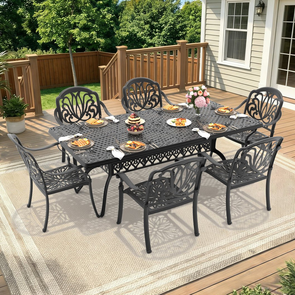English Elm 7-piece Cast Aluminum Outdoor Dining Set with Ornate Relief Detail and Weather Resistant Cushions W1710S00605