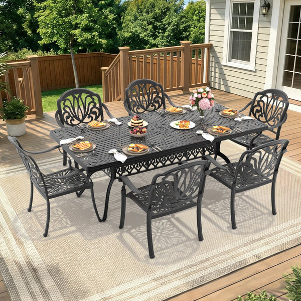 English Elm 7-piece Cast Aluminum Outdoor Dining Set with Ornate Relief Detail and Weather Resistant Cushions W1710S00605