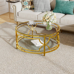 English Elm Round Tempered Glass Coffee Table with Gold Geometric Metal Base and Open Storage Shelf Transparent N735P396530K