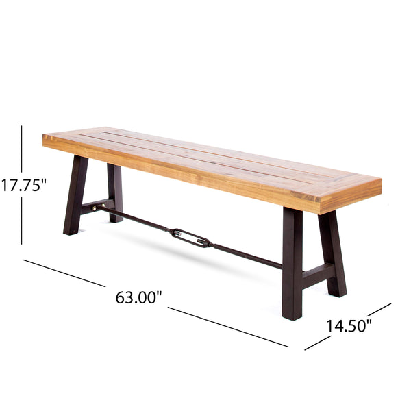 English Elm Christopher Knight Home® - Acacia Wood Outdoor Dining Bench Teak & Black — 63" Slat-Top Patio Seating, Durable Metal Frame N779P251403T