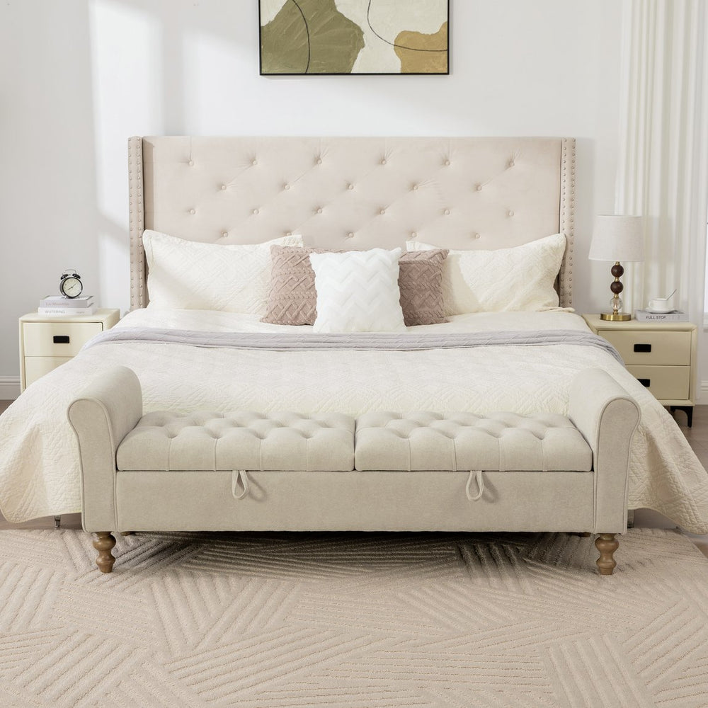 English Elm 65.75" Wide Upholstered Storage Bench Napped Fabric Rolled Arms Rubberwood Legs Greige W3098P397302