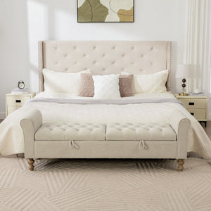 English Elm 65.75" Wide Upholstered Storage Bench Napped Fabric Rolled Arms Rubberwood Legs Greige W3098P397302