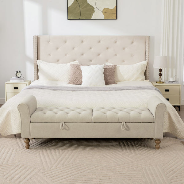 English Elm 65.75" Wide Upholstered Storage Bench Napped Fabric Rolled Arms Rubberwood Legs Greige W3098P397302