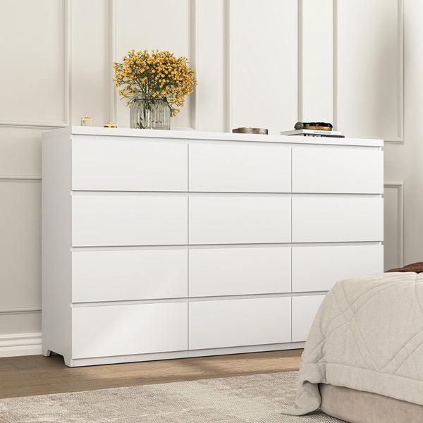 English Elm 12 Drawer Wide Double Dresser Modern Symmetrical Wood Storage Chest for Bedroom W409S00018