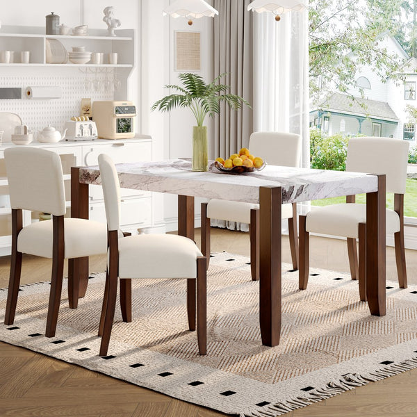 English Elm 5-Piece Counter Height Dining Set with Faux Marble Top and Upholstered Seats, Mid-Century Pub Charm Beige+Brown,White N752S000885K