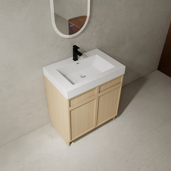 English Elm 30" Modern Freestanding Bathroom Vanity with Thick White Resin Sink, Soft-Close Doors & Adjustable Shelf (Durable) W999P239160