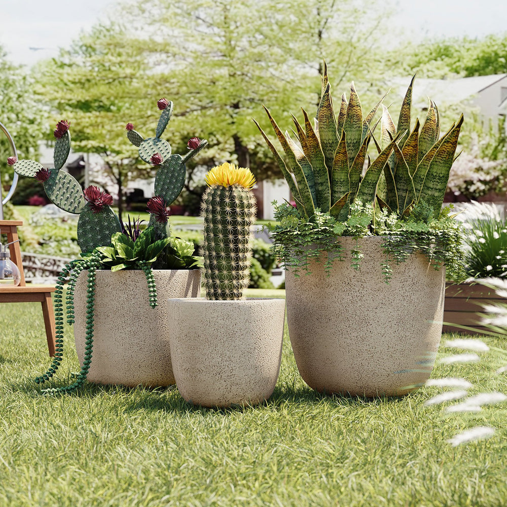 English Elm U_style Mgo Concrete Look Round Planters Set of 3 Lightweight Stackable Outdoor Pots Beige+Yellow N711P406670E