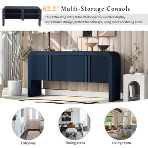 English Elm U_style Wave Door Pine Console Table Sculptural Storage for Entryway or Sofa Navy Blue N711P415846V