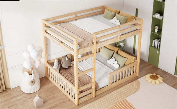 English Elm Full Full over Full Wood Bunk Bed with Ladder & Guardrails, Space-Saving Pine Frame for Kids Rooms Natural N7090002223D