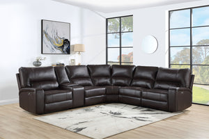English Elm Saul Espresso Faux Leather Power Recliner Sectional Sofa with USB, Cupholders & Storage Console B2726S00123