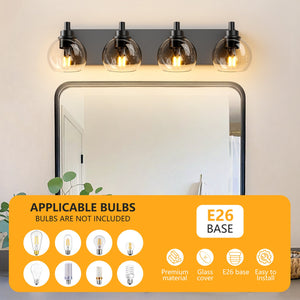English Elm Industrial 4-Light Bathroom Vanity Light Matte Black with Clear Glass Globes, Modern Powder-Coated Fixture for Mirror Lighting (Bulbs Not Included) W1340P353040
