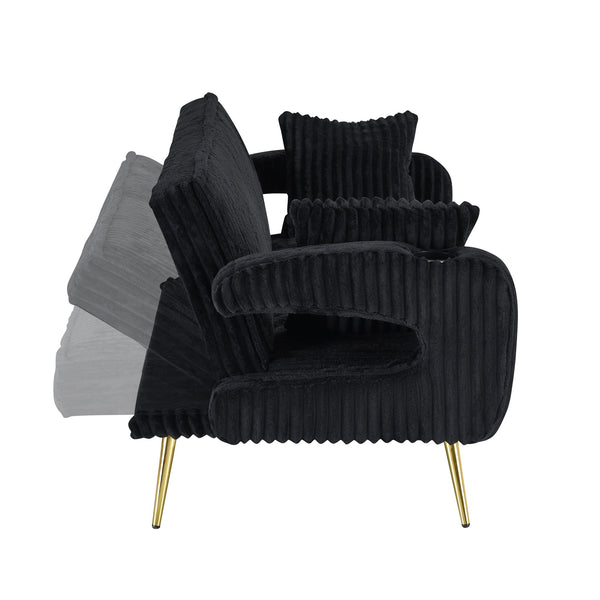 English Elm 74.01 Corduroy Convertible Sofa Bed with 3-Level Recline, Cup Holders, Solid Wood Frame, 500lb Capacity Black W1658P251987