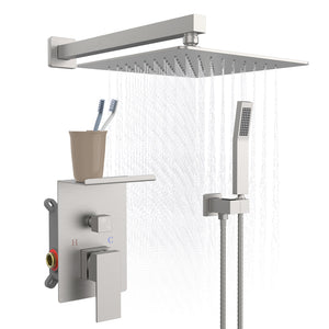 English Elm Rainfall Luxury Shower System with 10" Square Head, High-Pressure Rain + Handheld and Storage Rack Brushed Nickel T3177P269147