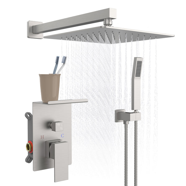 English Elm Rainfall Luxury Shower System with 10" Square Head, High-Pressure Rain + Handheld and Storage Rack Brushed Nickel T3177P269147
