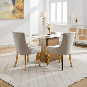 English Elm Chenille Plush Dining Chair with Curved Gold-Plated Legs, Rivet Trim, Textured Upholstery Comfort Beige W1143P332684