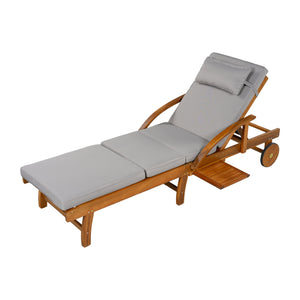English Elm U_style Acacia Wood Outdoor Chaise Lounger with Reclining Backrest Cushions and Side Tray Gray N711P415859E