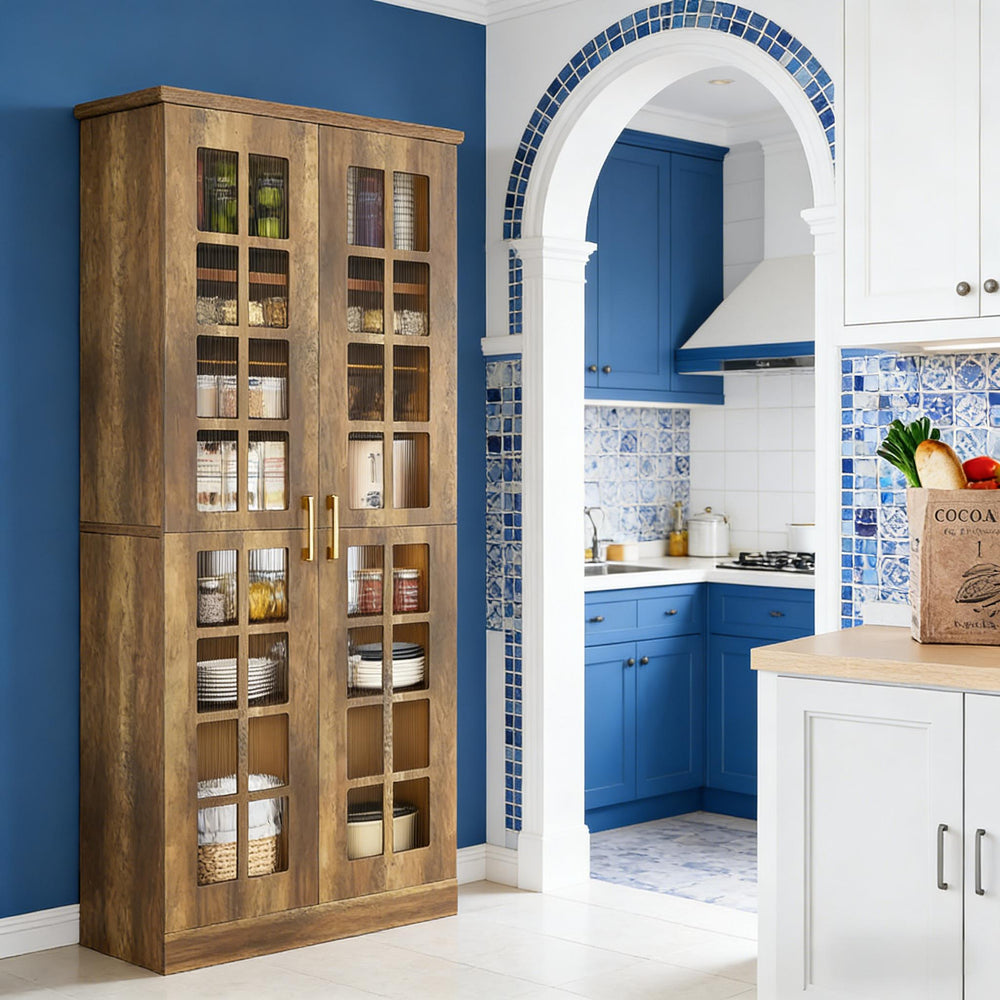 English Elm Tall Pantry Cabinet with Acrylic Doors Adjustable Shelves Modern Rustic Kitchen Storage T3971P452398