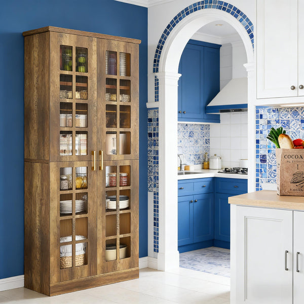 English Elm Tall Pantry Cabinet with Acrylic Doors Adjustable Shelves Modern Rustic Kitchen Storage T3971P452398