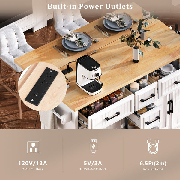 English Elm K&k Farmhouse Rolling Kitchen Island Drop Leaf Power Outlet Five Drawers Cabinet Storage White N707S263094W