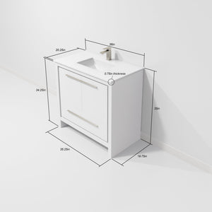 English Elm White Single Bath Vanity 36" W x 20" D with White Quartz Top, Gun Metal Faucet & 28" Mirror, Durable B2731S02077