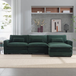 English Elm L Shape Sofa Couch With Usb Ports & Cup Holders, Stylish Green Corduroy 3-Seater & Storage Ottoman W2100S00183